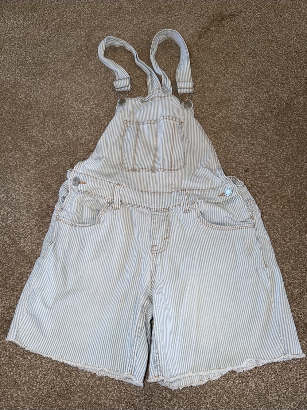 LEVI'S Girls Light Blue and White Striped Short Overalls Frayed Shorts Size 12
